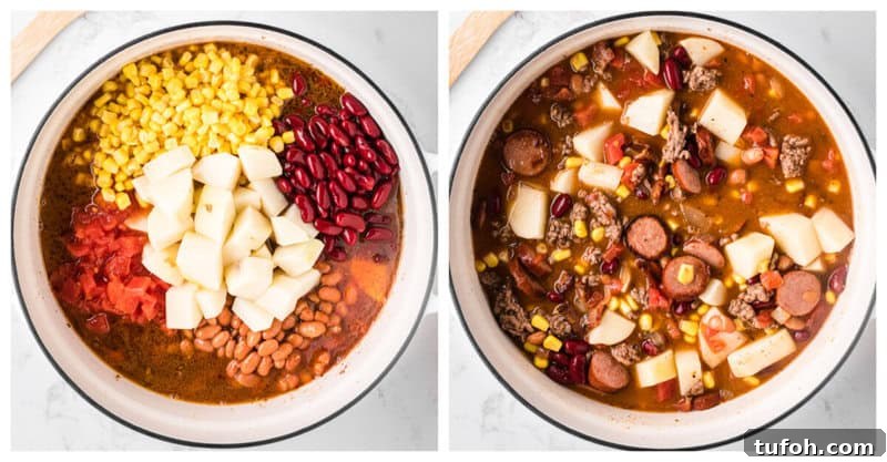 Hearty Cowboy Stew Recipe: Classic Beef and Bean Dinner 8 adding the beans, corn, tomatoes, and potatoes to the pot for the stew.