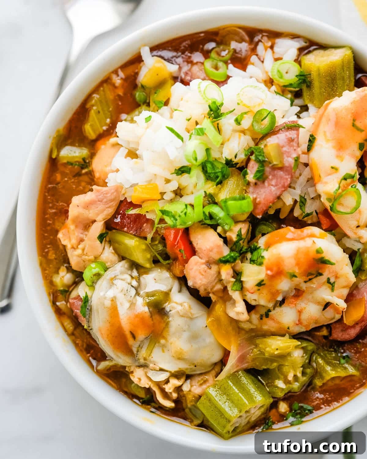Serving an overflowing bowl of chicken and sausage gumbo.