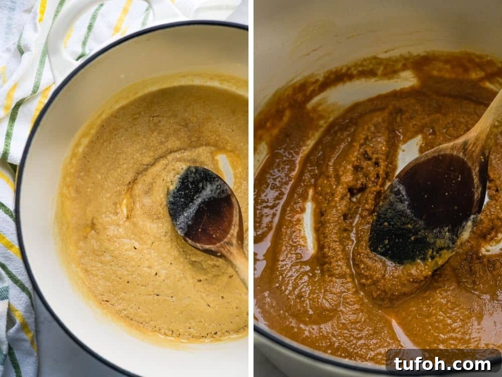 Cooking the roux until it becomes golden brown and nutty.