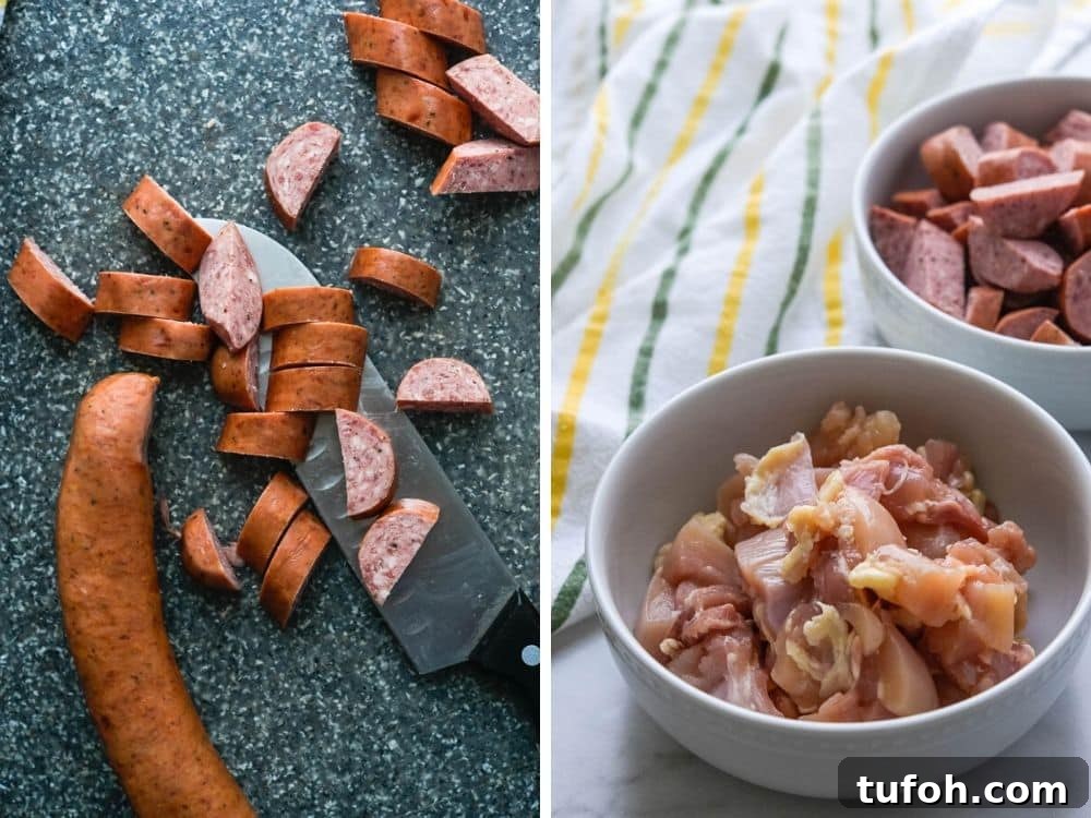 preparing the chicken and sausages for the authentic gumbo.