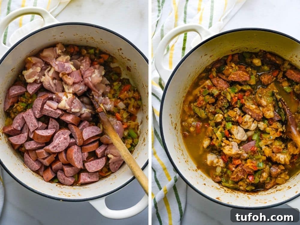 adding meats to the pot, then gradually adding stock.