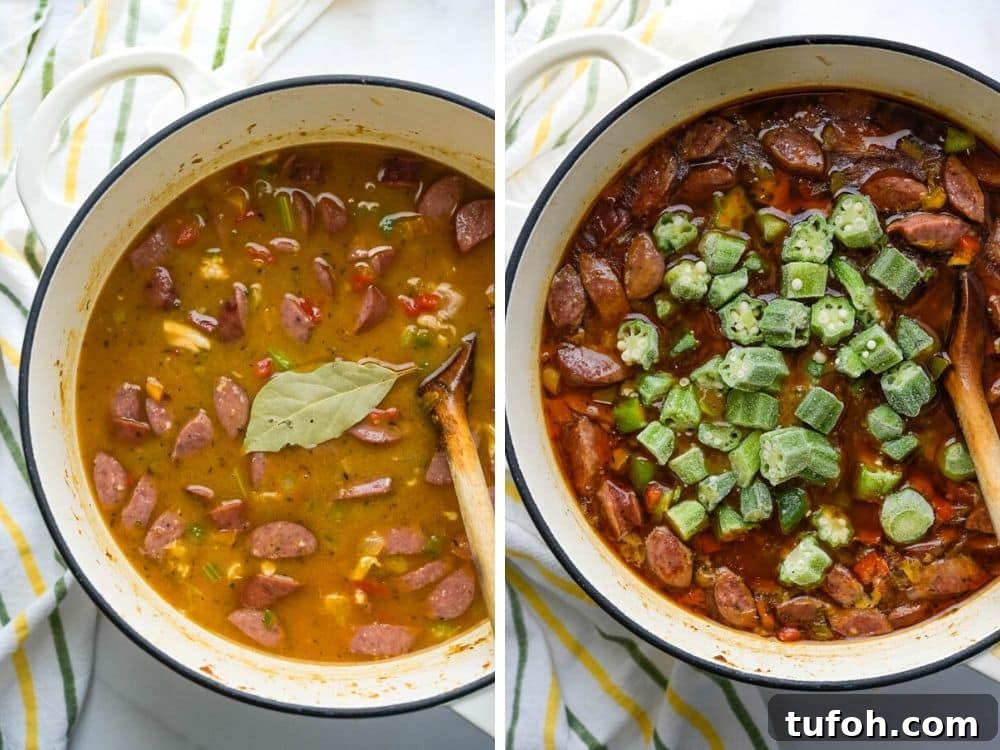 adding stock. After simmering, adding frozen okra to the Louisiana chicken sausage gumbo.