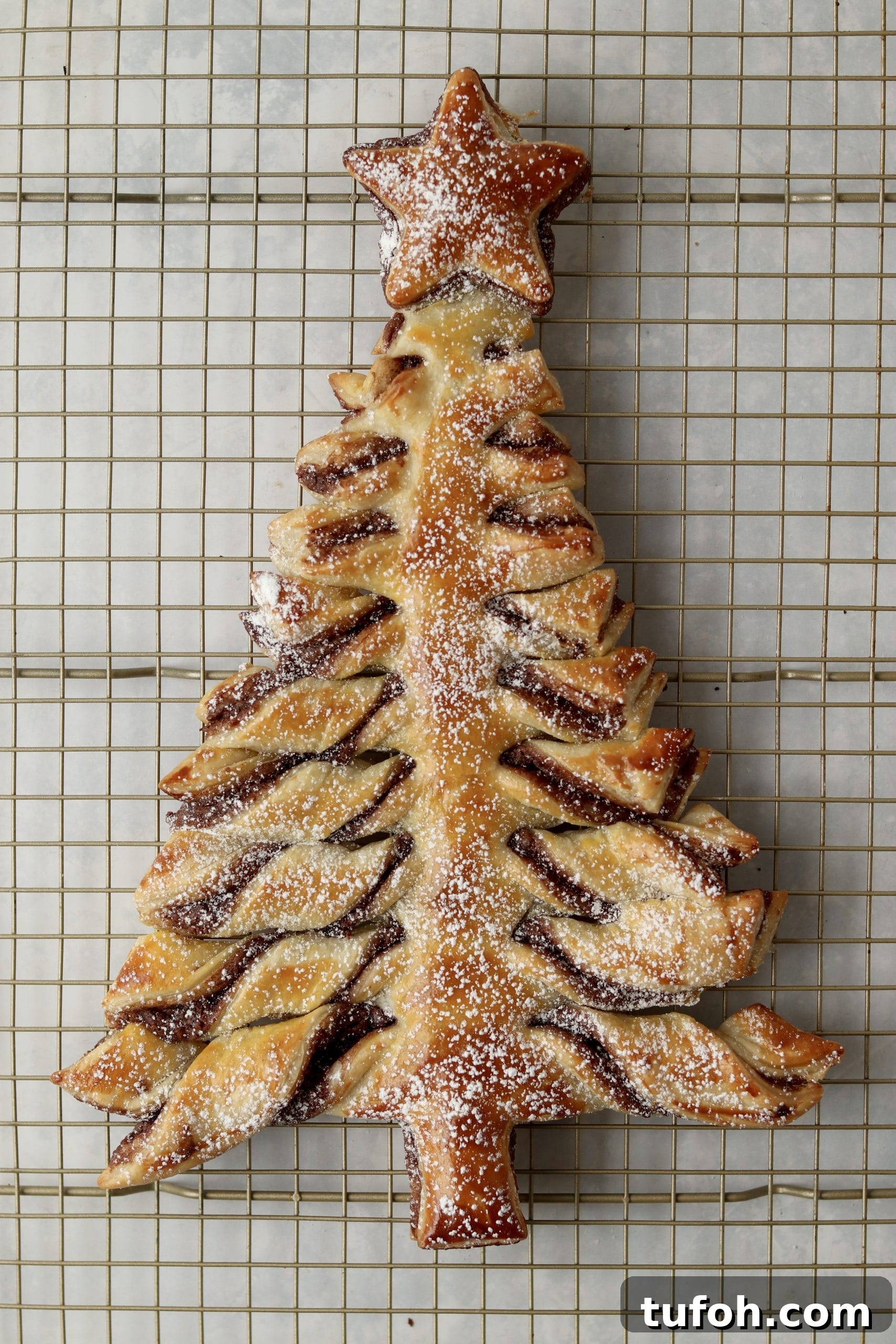 nutella puff pastry tree dusted with powdered sugar