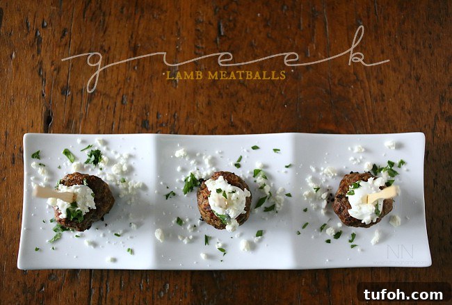 Greek Lamb Meatballs by Nutmeg Nanny Greek Lamb Meatballs on a serving tray.