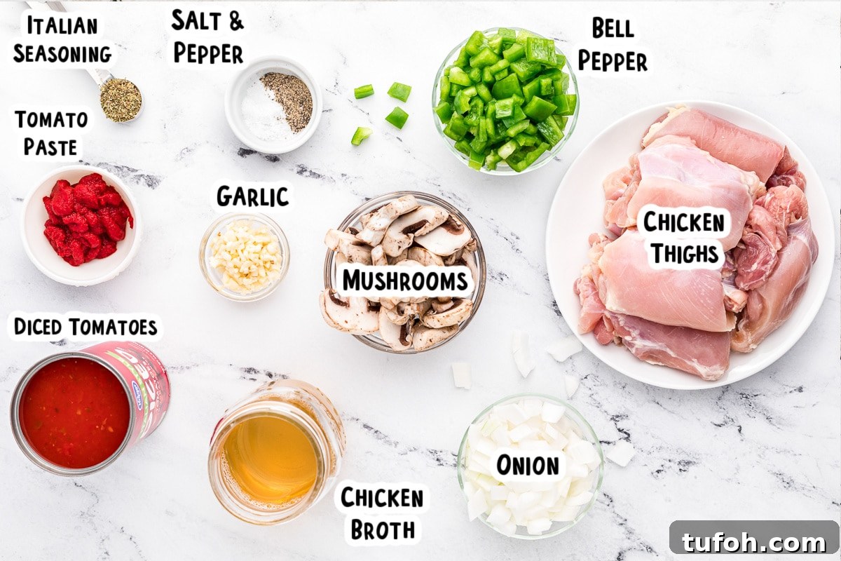 Ingredients for chicken cacciatore on a table.