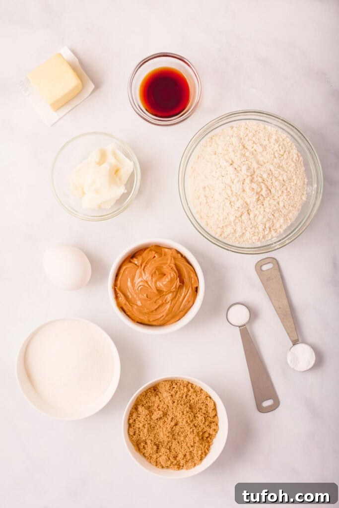 Chewy Peanut Butter Cookies Recipe with Crispy Edges 3 Overhead view of measured peanut butter cookie ingredients including butter, shortening, peanut butter, sugars, flour, egg, vanilla, salt, and baking soda arranged on a white surface.
