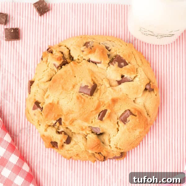 Chewy Peanut Butter Cookies Recipe with Crispy Edges 21 looking down onto a giant peanut butter cookie with chocolate chunks