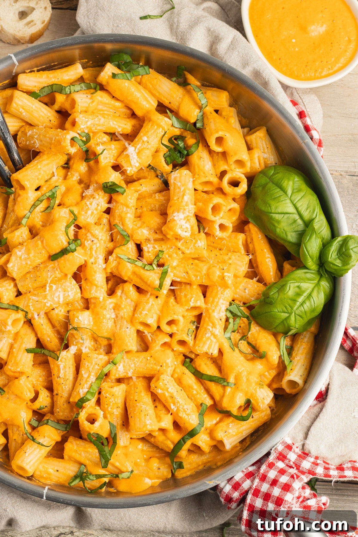 Creamy Tomato and Cottage Cheese Pasta Sauce Recipe 2 This is a picture of a skillet of pasta with cottage cheese tomato sauce.