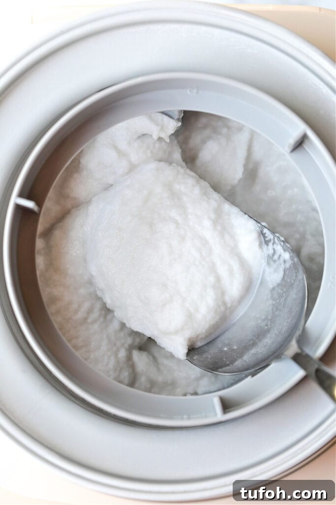 This homemade coconut sorbet is bursting with tropical flavor! Made with coconut milk and simple ingredients for a refreshing summer dessert. sorbet in an ice cream maker