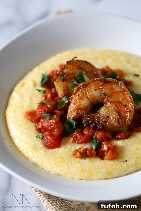 Spicy shrimp over creamy polenta Spicy shrimp over creamy polenta