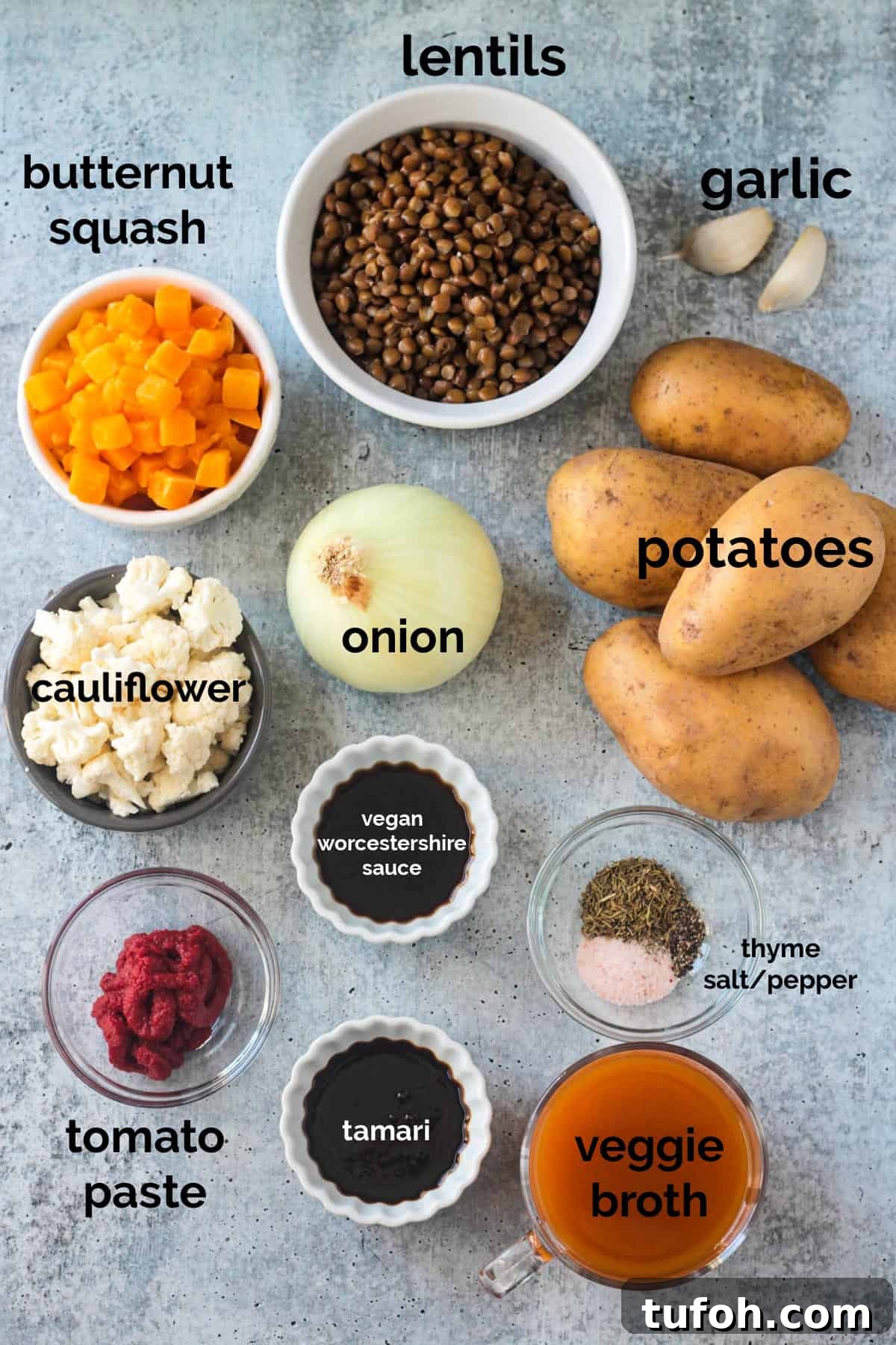 Recipe ingredients arrayed in individual bowls.