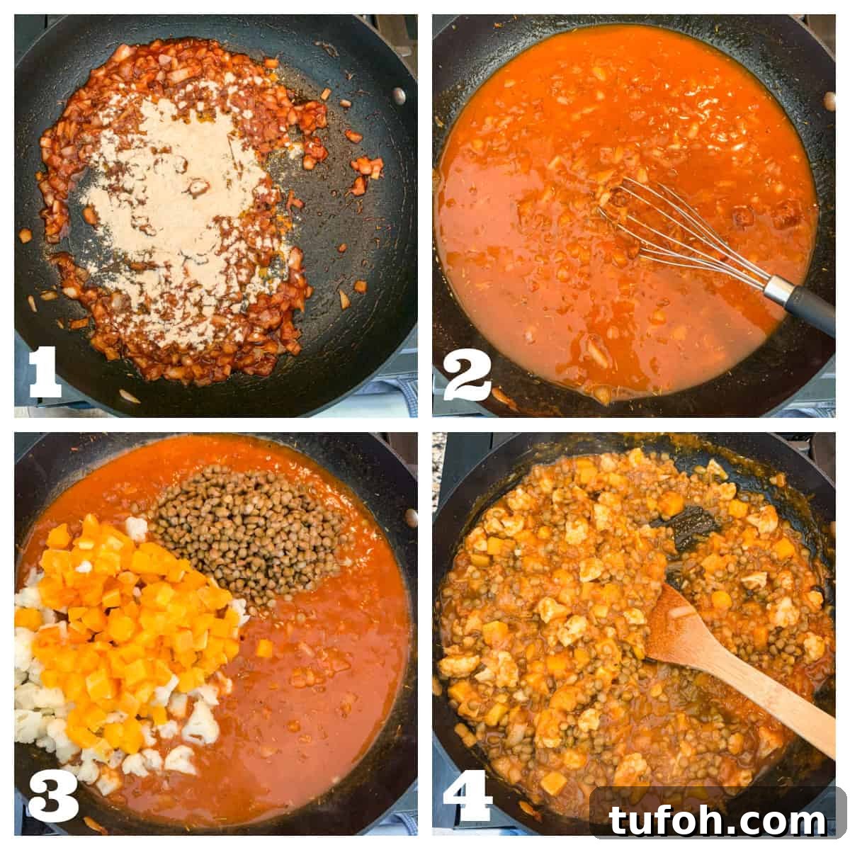 4 photo collage of sautéing the veggies, seasonings, and broth in a skillet.