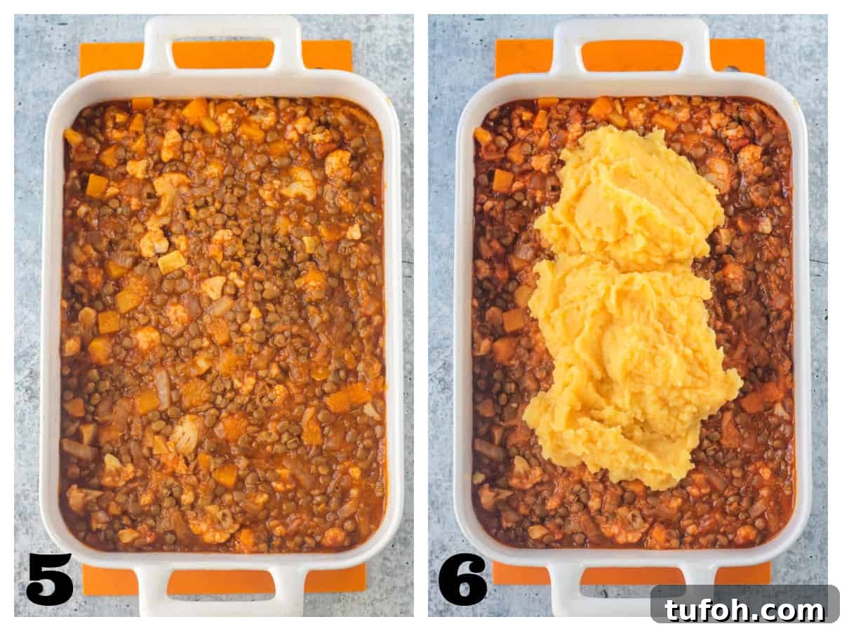 2 photo collage of the filling in a baking dish and potatoes dolloped on top.