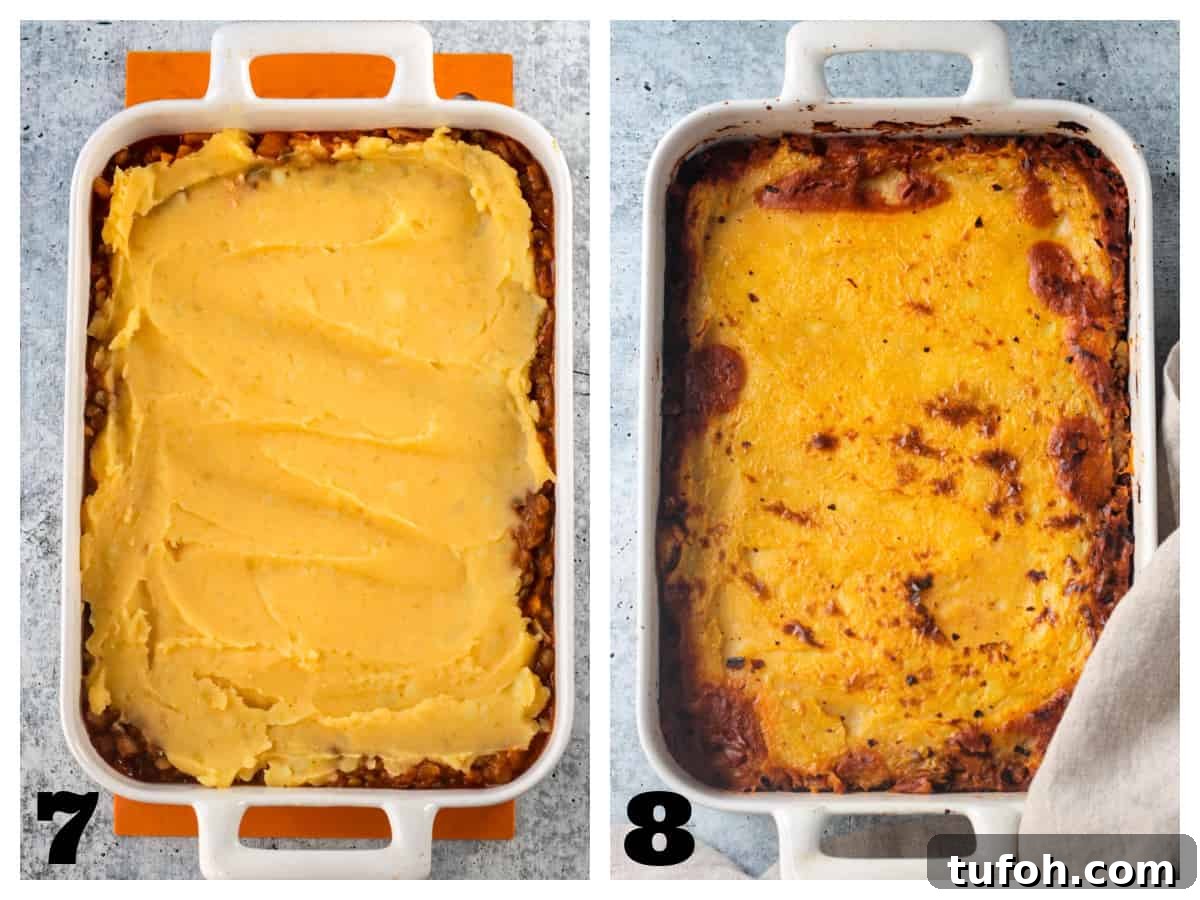 2 photo collage of the filling in a baking dish and potatoes dolloped on top.