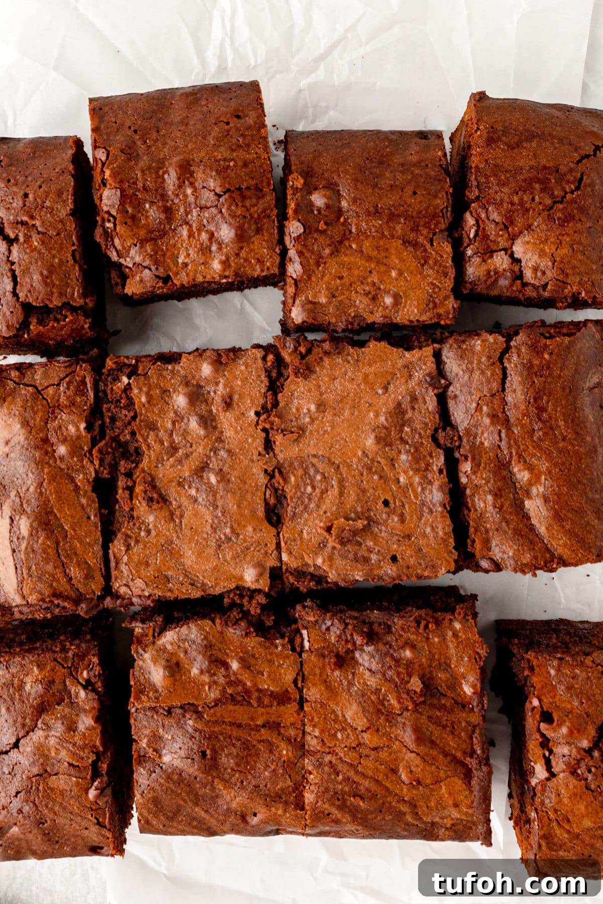 Several pieces of rich, fudgy chocolate brownies with a cracked top arranged on parchment paper.