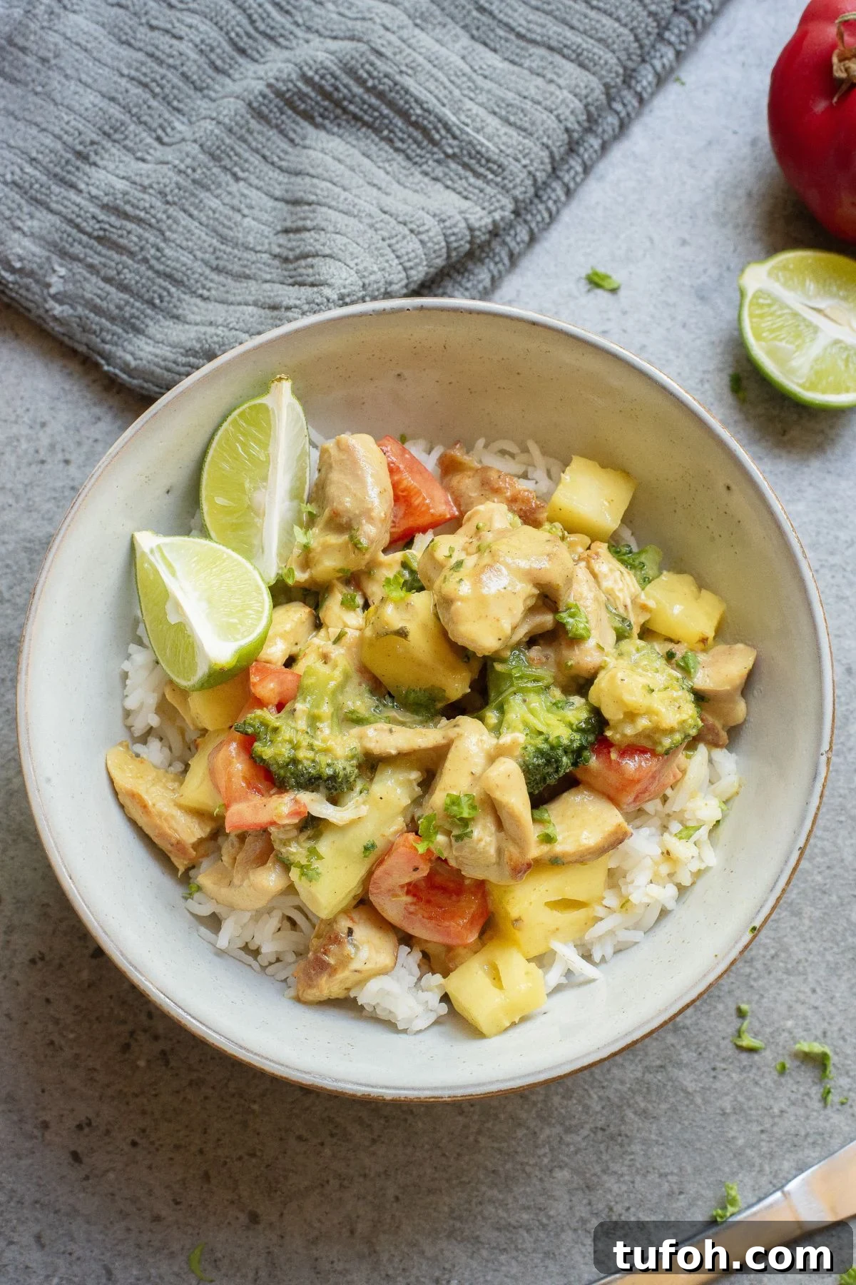 Served green chicken curry with pineapple
