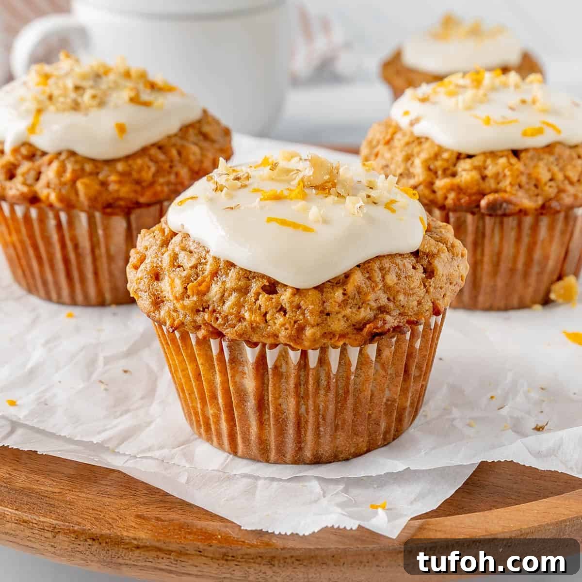 Moist Carrot Cake Muffins with Cream Cheese Swirl 11 Four frosted muffins topped with grated zest on parchment, placed on a wooden platter. A cup is visible in the blurred background.