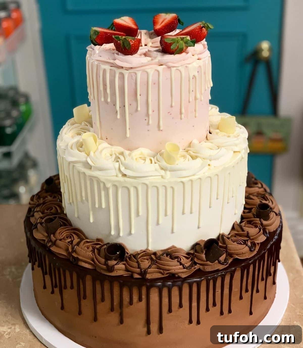 How to Safely Transport a Wedding Cake: 7 Proven Tips 6 A tiered wedding cake at a bakery getting ready to be transported.