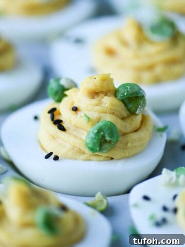Close up of wasabi topped deviled eggs.