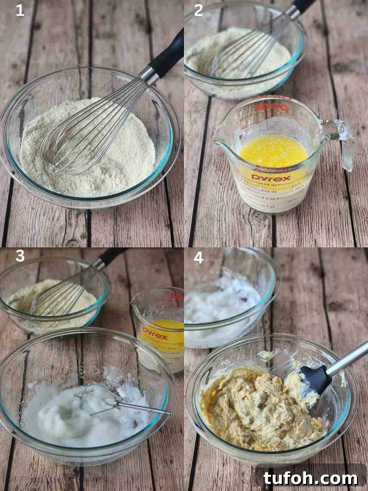 Spicy Green Chili Cheddar Waffles for Savory Brunch 4 A collage of four steps for mixing waffle batter.