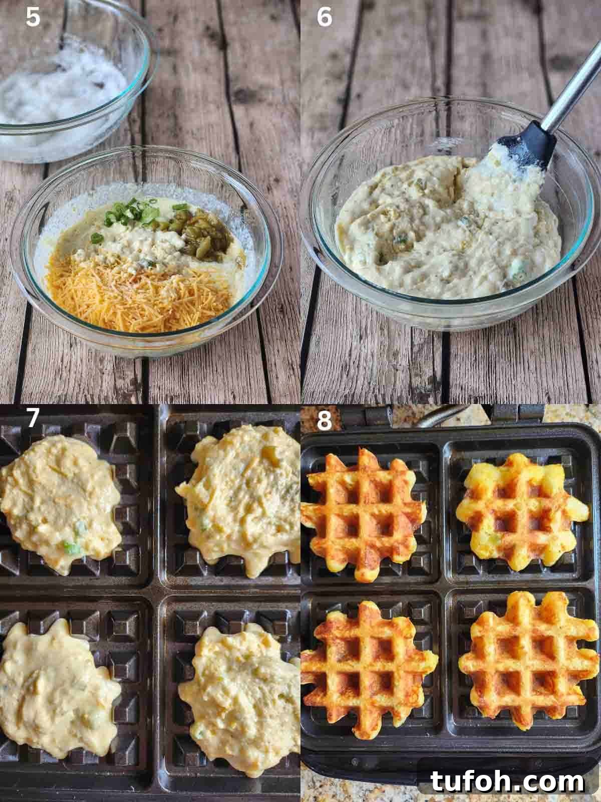Spicy Green Chili Cheddar Waffles for Savory Brunch 5 A collage of four steps for making savory waffles.