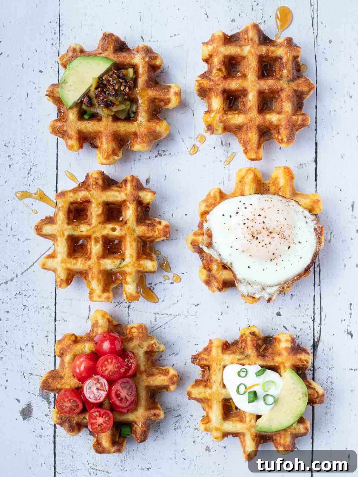 Spicy Green Chili Cheddar Waffles for Savory Brunch 7 Overhead of 6 waffles with various topping on them.