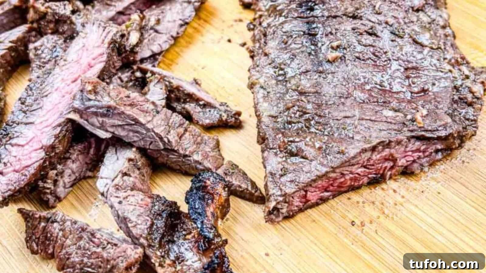 17 Crowd-Pleasing Backyard BBQ Recipes for Seconds-Worthy Meals 13 A sliced and grilled Carne asada on a wooden cutting board.