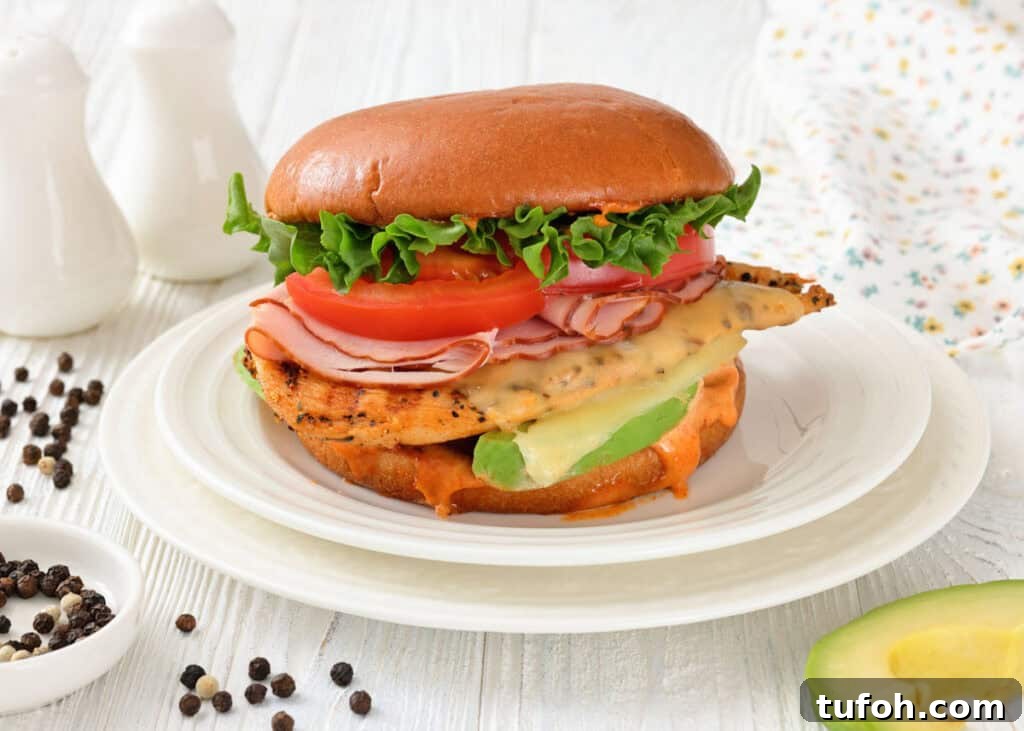 17 Crowd-Pleasing Backyard BBQ Recipes for Seconds-Worthy Meals 6 A Grilled California Chicken Burger served on a white plate with peppercorns and a napkin nearby.