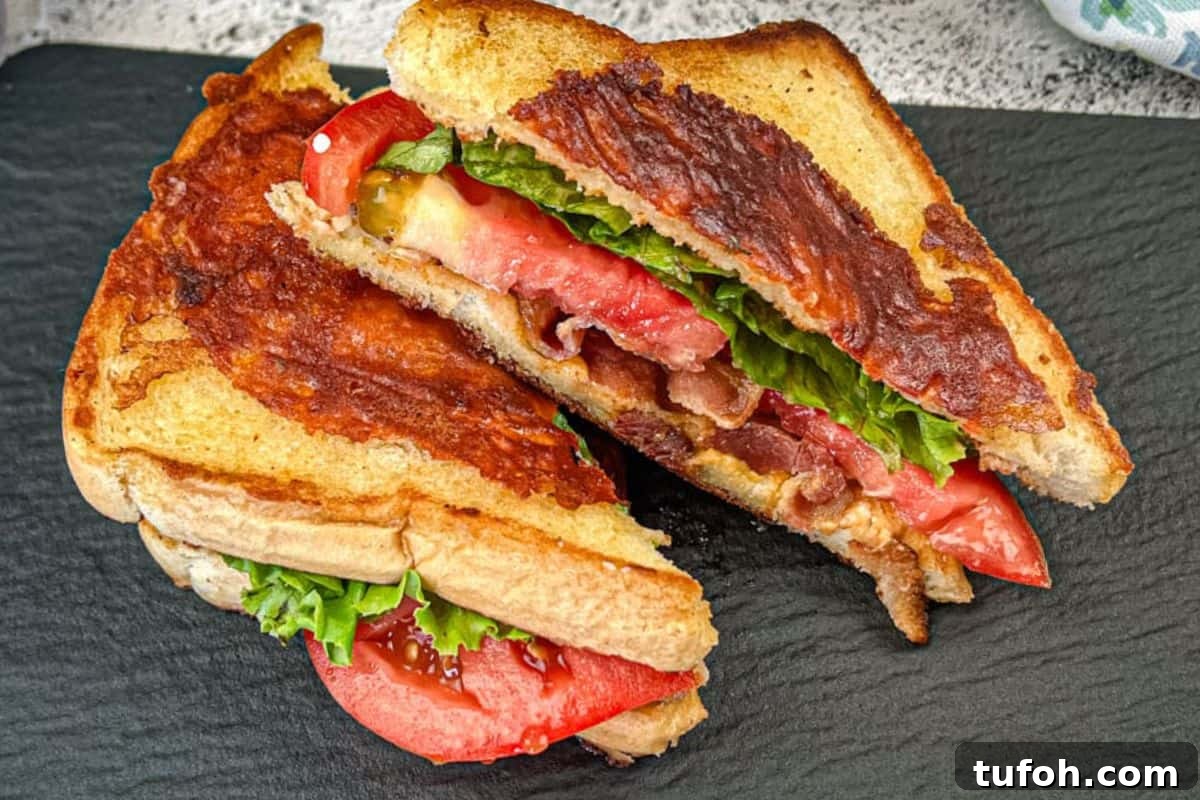 17 Crowd-Pleasing Backyard BBQ Recipes for Seconds-Worthy Meals 10 Two halves of Texas BLT on a black plate.
