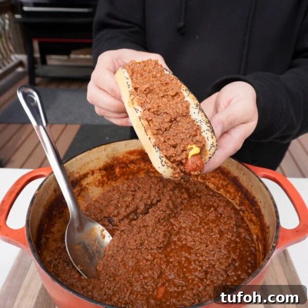 Smoked chili hot dog.