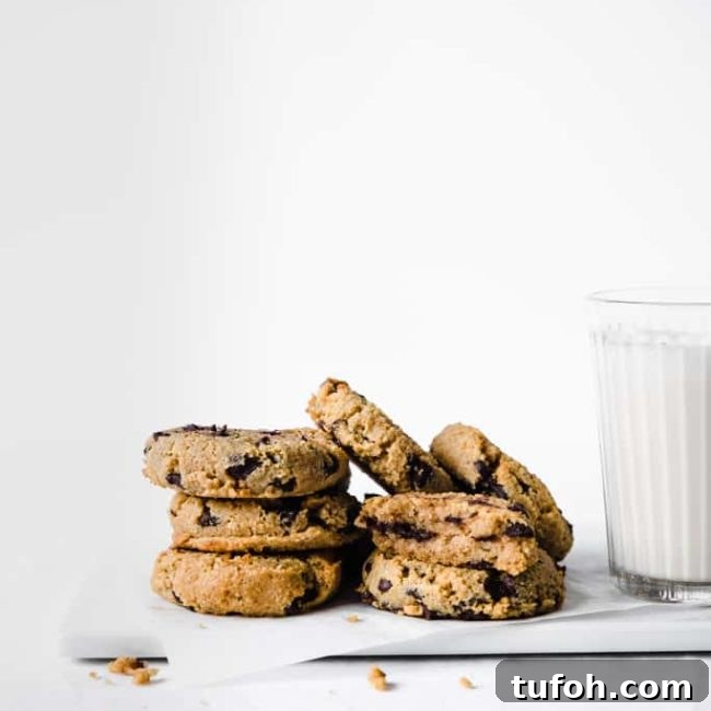 keto pumpkin chocolate chip cookies with milk on white background