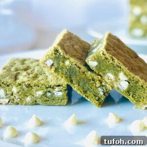 matcha brownies recipe laying on side with white chocolate chips