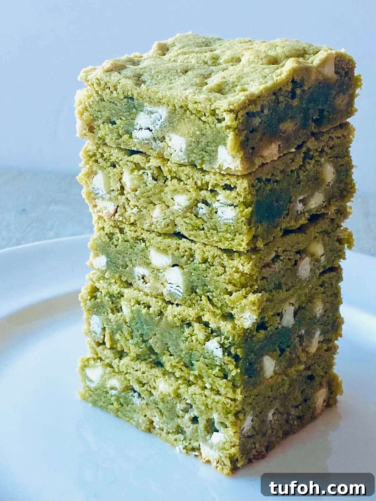 Chewy Matcha Brownies Recipe with Rich Green Tea Flavor 9 green tea brownies in a stack of 5
