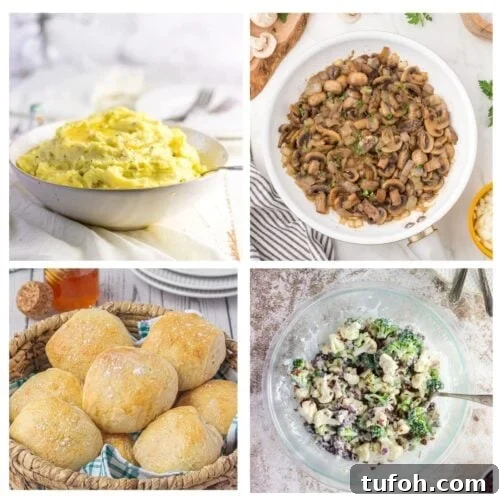 A collage for best side dishes for steak featuring mashed potatoes, buttermilk dinner rolls, and caramelized onions and mushrooms.