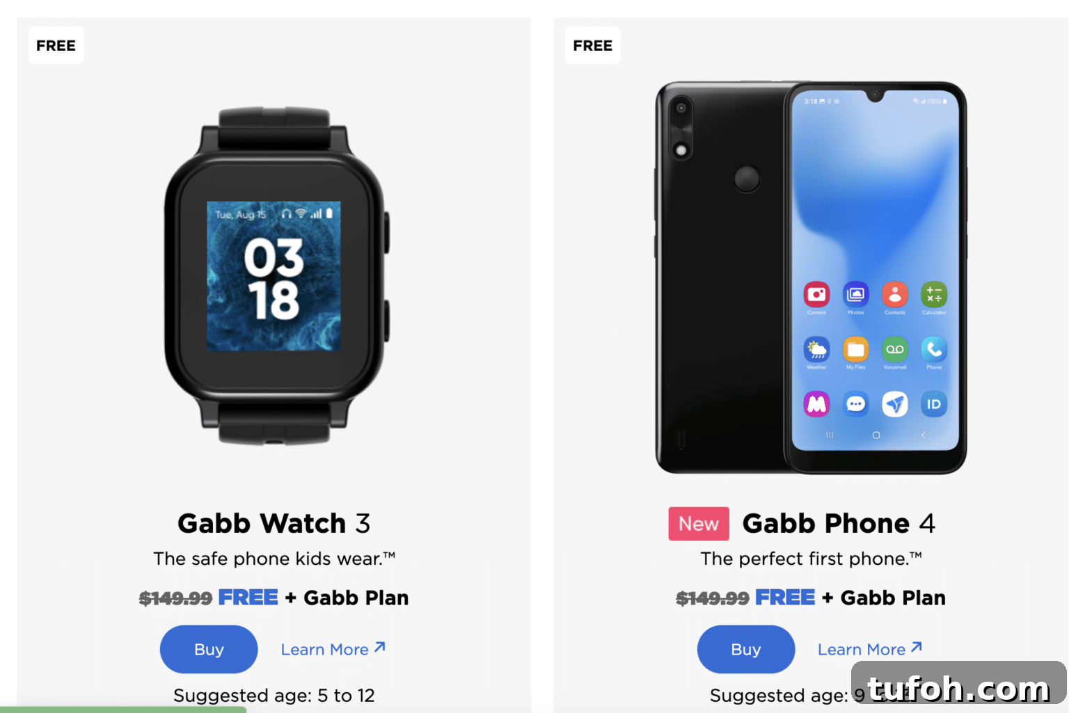 Get a Free Gabb Wireless Kid Phone or Watch — How to Qualify 4 A website with images and options to purchase either a Gabb phone or watch