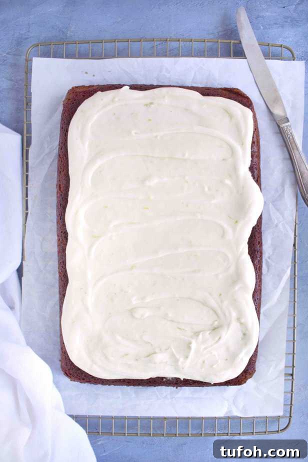 overhead showing full sheet cake frosted