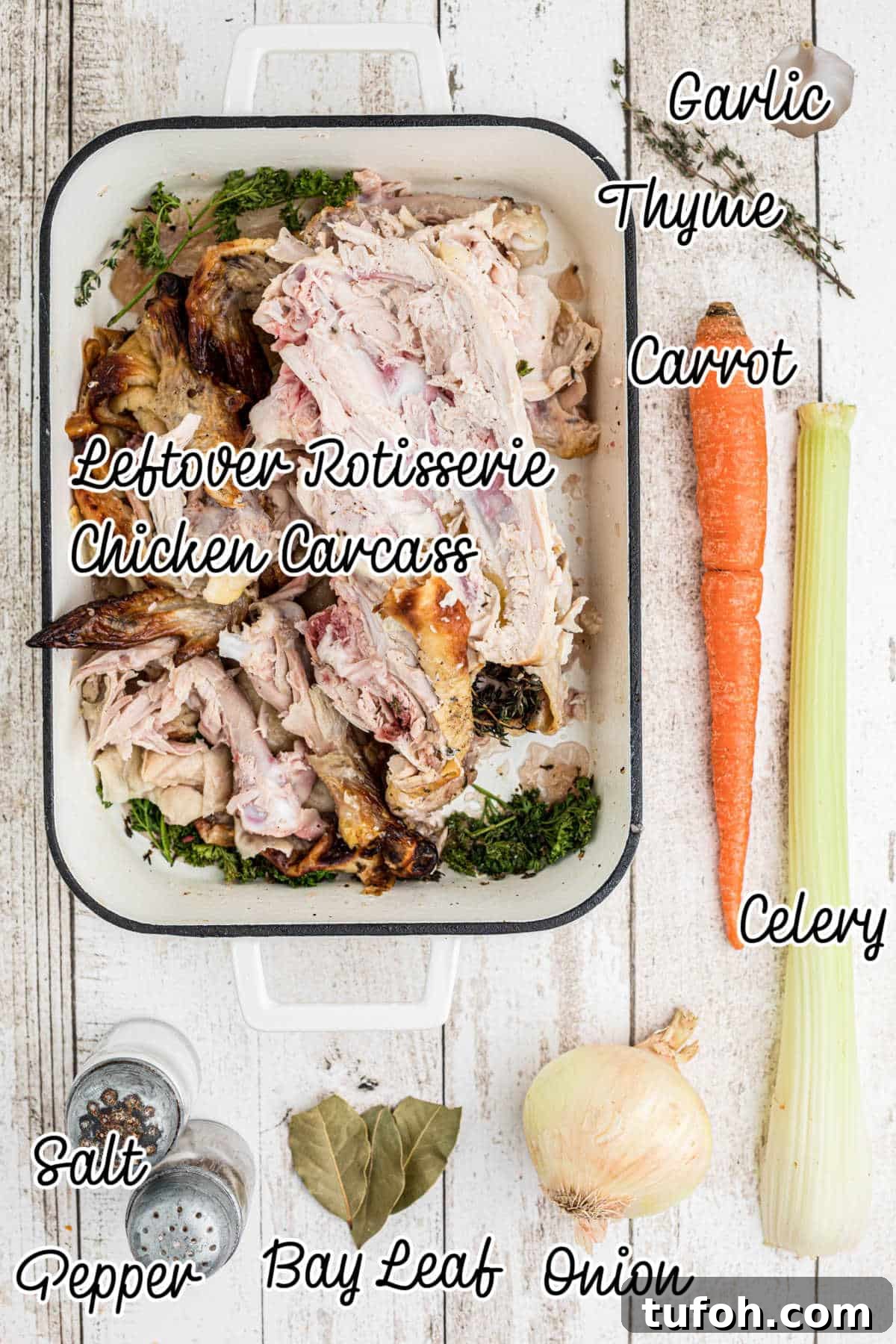 Savory Rotisserie Chicken Bone Broth Recipe for Rich Flavor 3 An overhead shot of a bunch of ingredients that is needed to make a rotisserie chicken bone broth.
