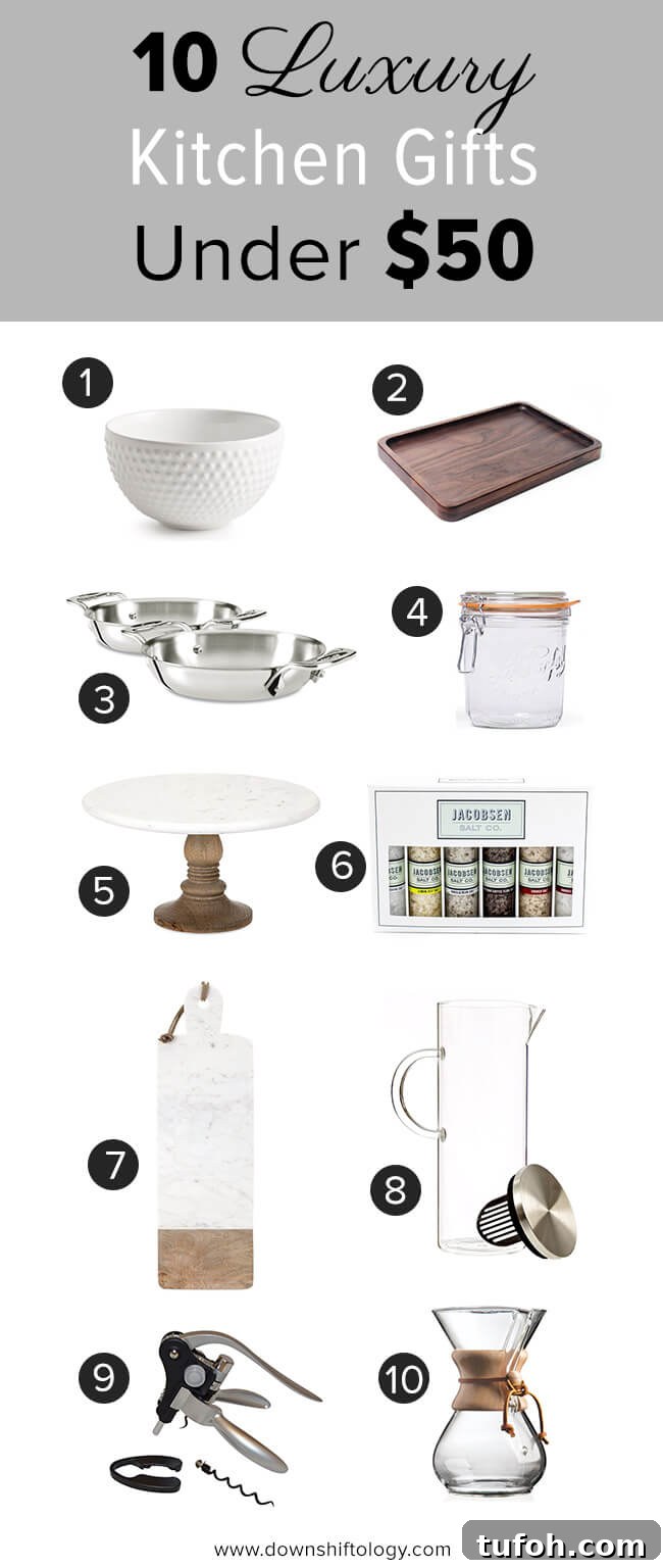 10 Stylish Kitchen Gifts Under $50 for Food Lovers 3 These 10 luxury kitchen gifts cost less than $50. They're classy, timeless pieces that will impress any home chef or entertainer.