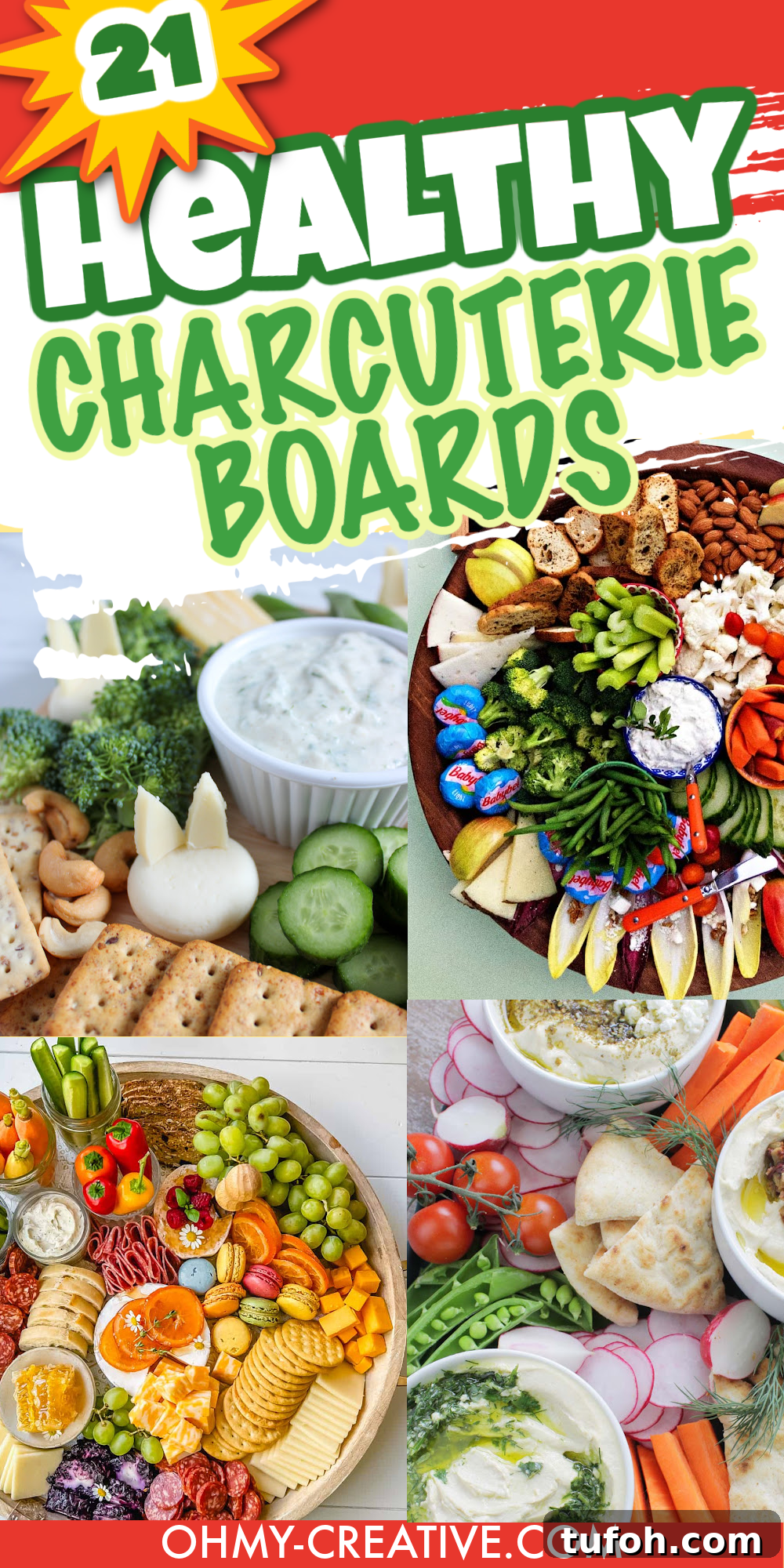 A pin collage healthy charcuterie boards with bold type at the top.