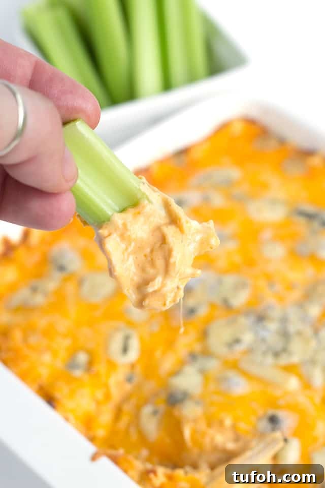 piece of celery being dipped into warm Buffalo chicken dip