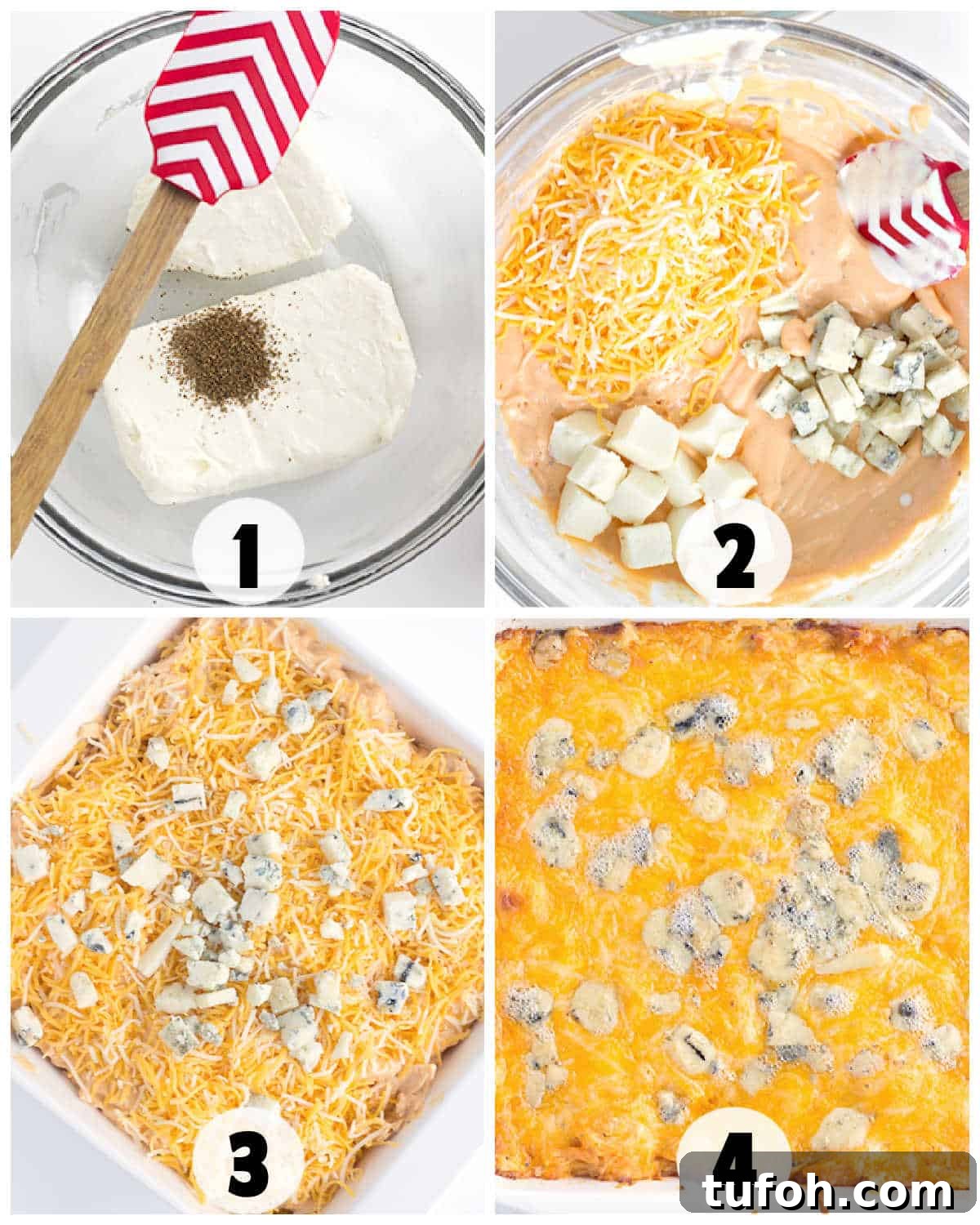 Four-step buffalo chicken dip preparation: 1. Cream cheese and pepper in a bowl. 2. Add cheese, sauce, and shredded chicken. 3. Mix in more cheese, place in a dish. 4. Baked until golden and bubbly perfection.