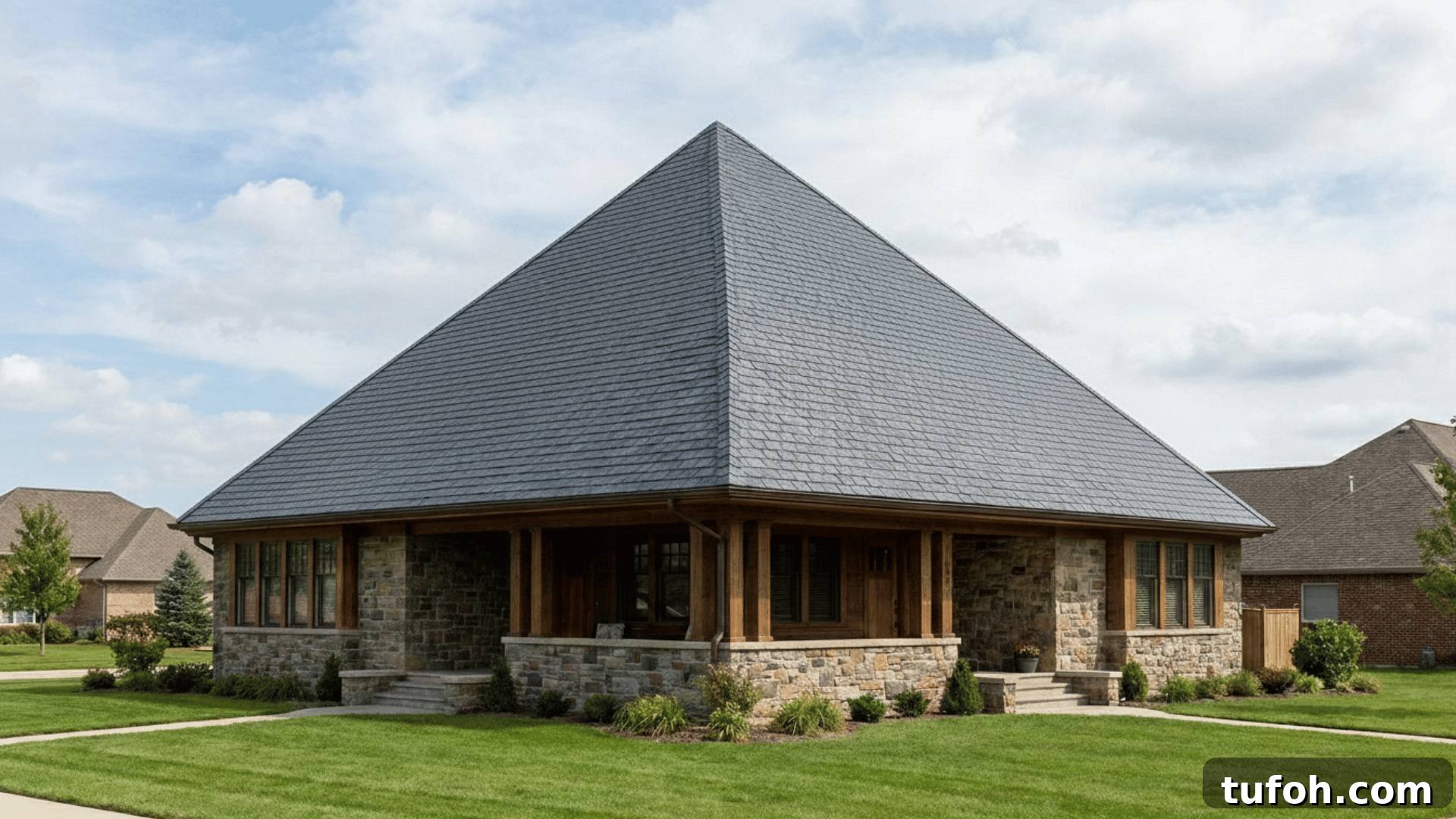 pyramid hip roof with four triangular sides meeting at peak