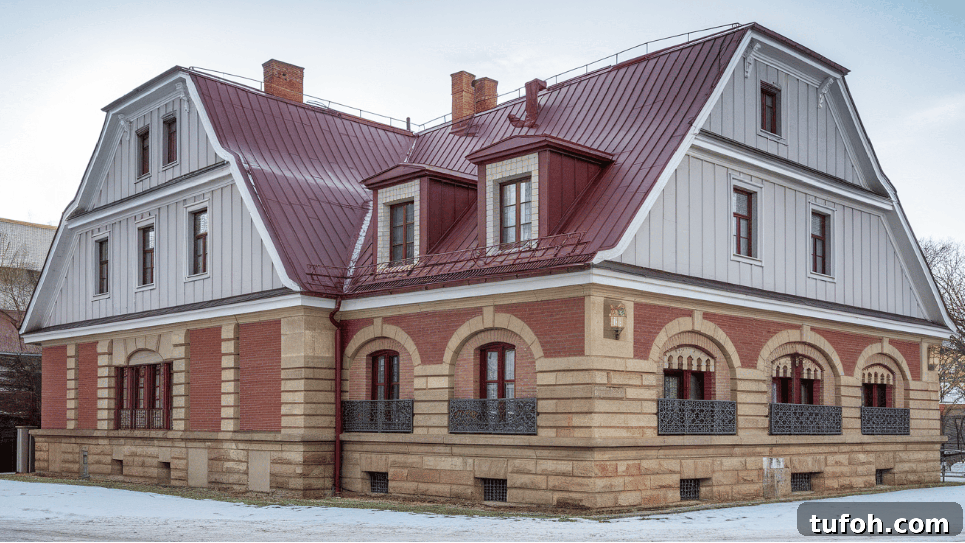 mansard roof with steep lower slopes and flat upper slopes