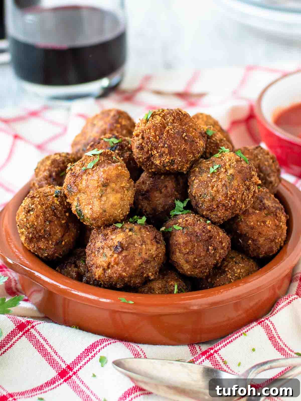 Fried Meatballs piled into a shallow terracotta bowl.