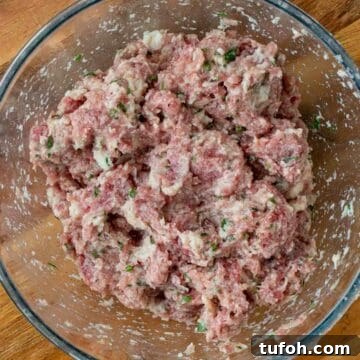 Raw meatballs mixture in a glass bowl viewed from above.