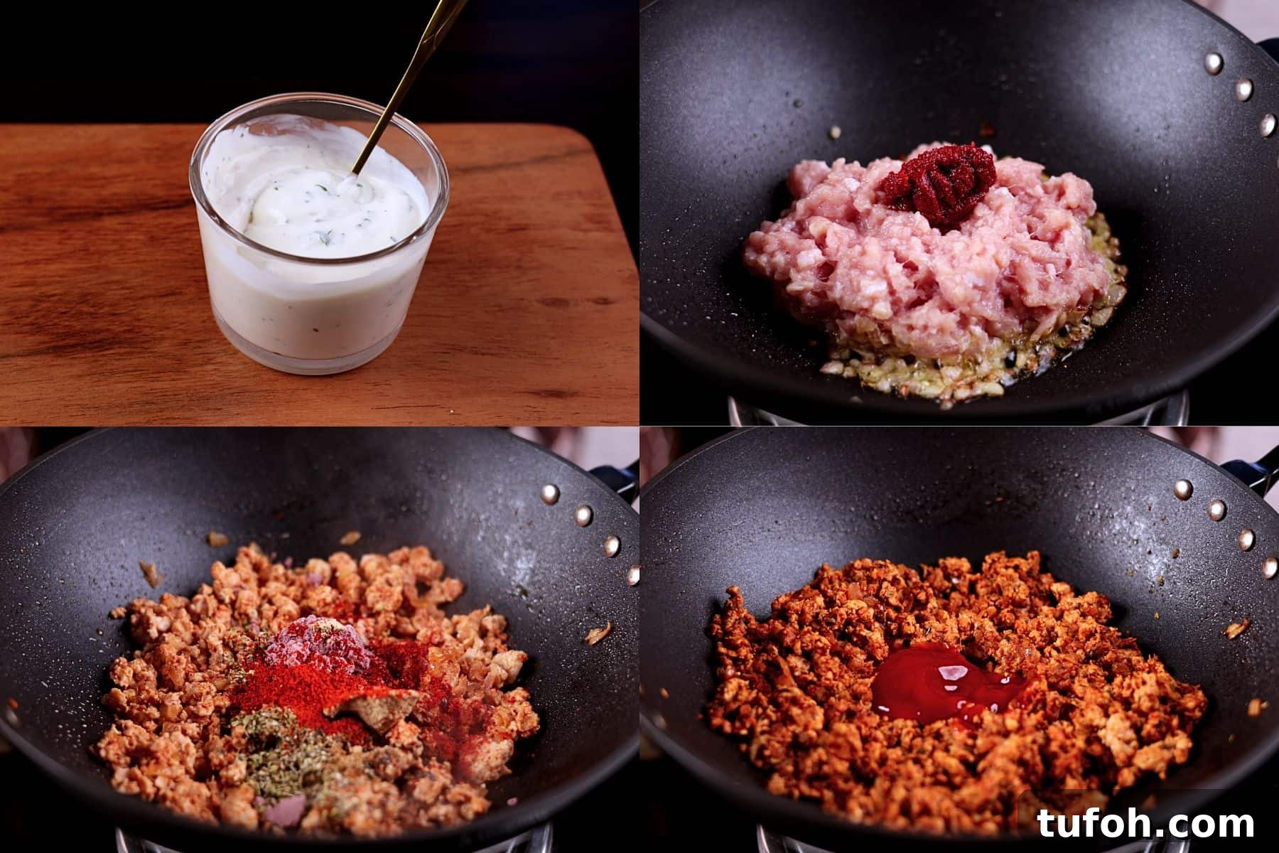 Preparing the creamy garlic sauce and cooking the ground chicken filling.