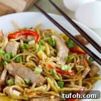 shallow bowl with egg and pork lo mein with chopsticks