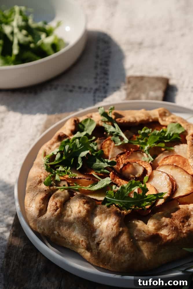 potato galette on a white plate on top of a rustic wood cutting board with a salad in the background