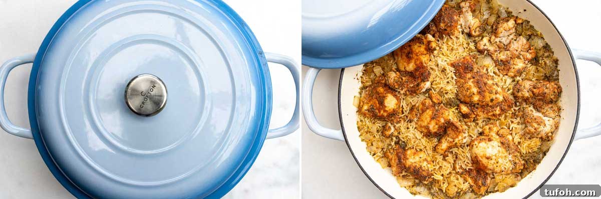 A collage with the top of a blue cast iron pan with a lid, and then with the lid opened with the greek chicken and rice visible.
