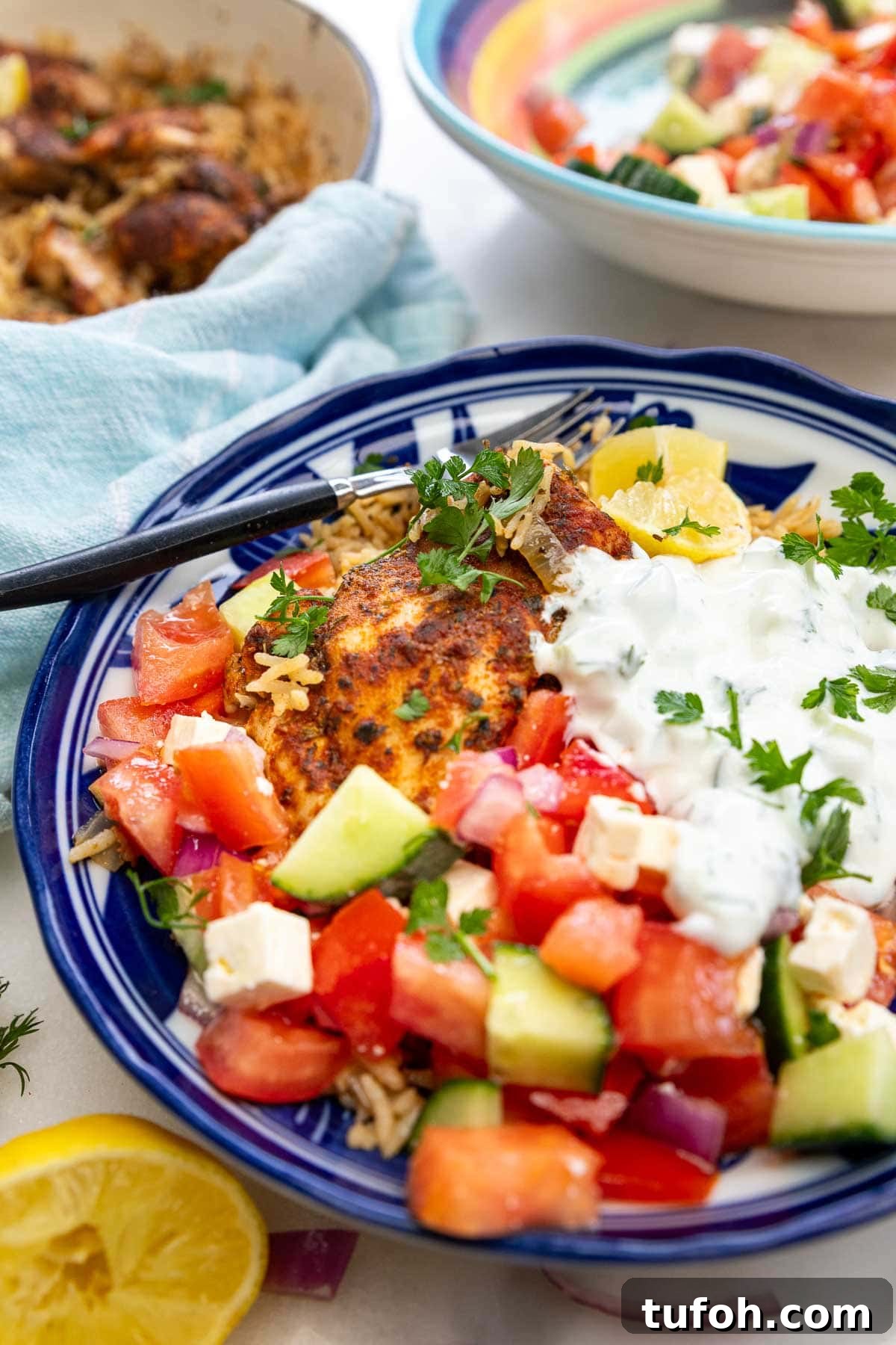 Closeup of the bowl of food, with salad, and the whole pot of food behind.